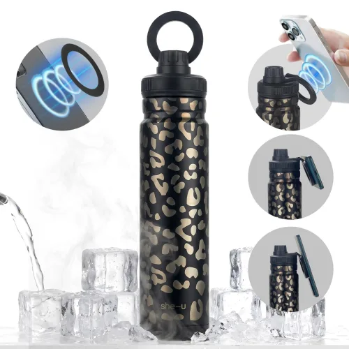 750ml 마그네틱 텀블러 보온보냉 물병 304 스테인리스 휴대폰 거치 기능 캠핑용 물통, 블랙 레오파드, 1개, 750ml