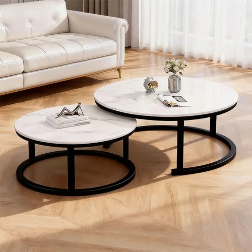New World 대리석 거실 테이블 70+50CM 원형 티 테이블 스크래치 방지,내열성 탁월YB, 대리석 화이트+블랙