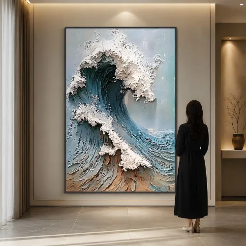 휘감아온 대형 유화 캔버스 입체감 장식 그림 액자 파도 풍경화 액자 손그림 입체감 바다 거실 아트월 주방 감성 인테리어, 블랙