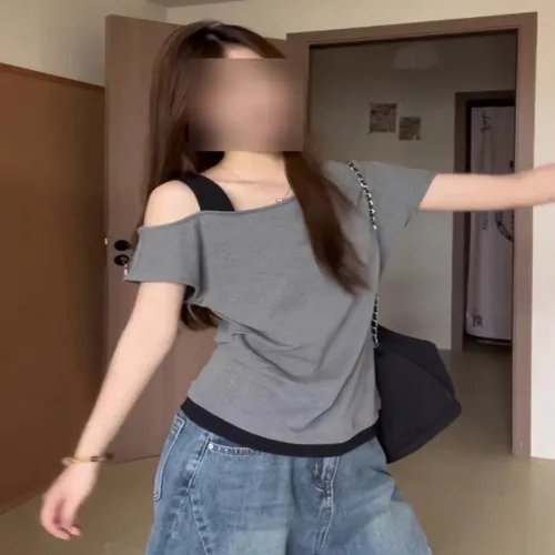 해피유통여성 여름 캐주얼 오프숄더 티셔츠 패션 반팔 탑 스타일리시 면 소재