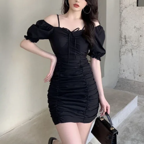 여름 숏 원피스 오프숄더 셔링 퍼프 끈나시 드레스 흰색원피스 쉬폰원피스 스퀘어넥원피스 여름원피스 bgy3338yY