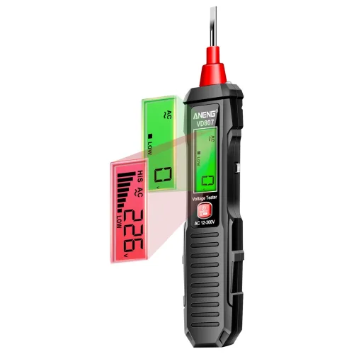ANENG VD807 디지털 검전기 비접촉 전압 감지 테스트펜 AC 12-300V 활선 중성선 단선 탐지 LCD 음향 경보 LED 조명 블랙, 1개