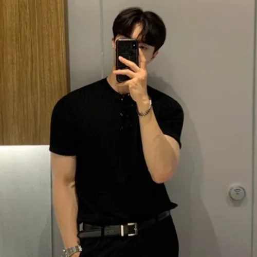 더플로우커머스 남성용 미니멀 리브드 텍스처 반팔 니트 티셔츠