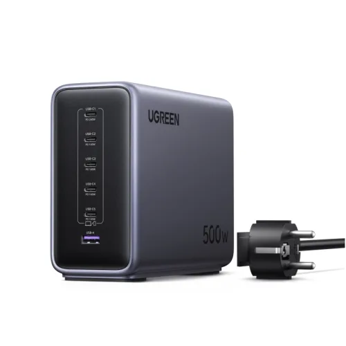 UGREEN 유그린 500W GaN 고속 충전 스테이션 6포트 데스크탑 접지형 멀티충전기 단일 포트 최대240W 지능형 온도 제어 공간 절약형 디자인 아이폰 17 시리즈 호환, 1개, Gray