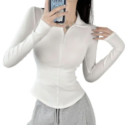 핑크셀럽 슬림핏 여성용 하프 지퍼 심 라인 긴팔 티셔츠
