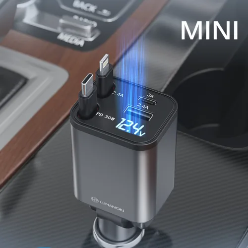 LUMANOKI 100W 4구 릴타입 차량용 고속충전기, 네모 mini C타입+8핀(아이폰 구형)