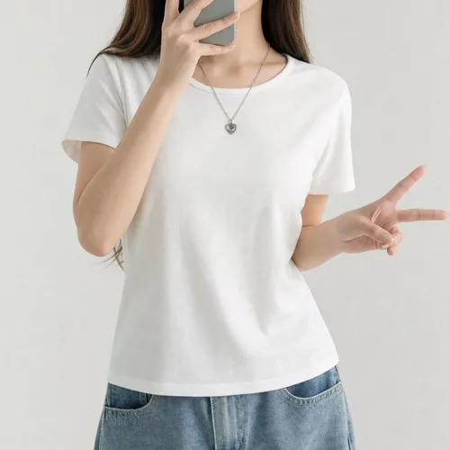 허블리 여성 릴렉스핏 베이직 면 스판 유넥 무지 반팔 티셔츠