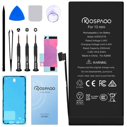 For iPhone 13 mini 배터리 대용량2500mAh 증가 폭3.9% A2660배터리 교체 동영상 한국어 설명서 KC인증 Li-ion Battery (For Tool), 1개, iPhone 13 mini 배터리，분해 도구 포함