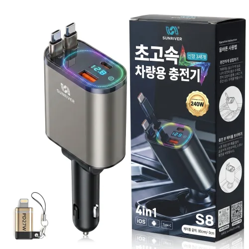 SUNRIVER 차량용 초고속 충전기 3세대 시리즈, 릴케이블C타입2개+애플잰더+USB+PD, 신형3세대 터치 스위치