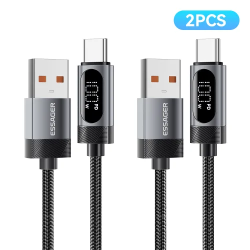 ESSAGER 디스플레이 QC USB A타입 to 7A 100W C타입 고속 충전 케이블 2개입, 2개, 회색, 1m