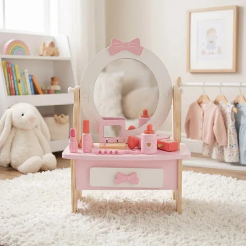 WoodenFun 어린이 원목 핑크 화장대 세트 소꿉놀이 접이식 공주 테이블 화장대 7pcs, 1세트