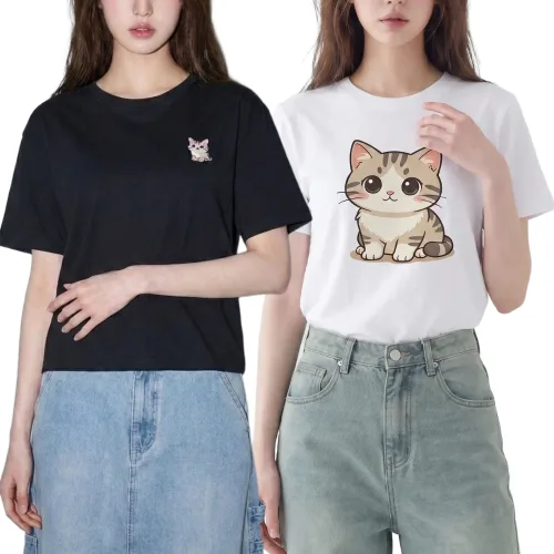 본저 1+1 귀여운 고양이 여성 면 반팔티