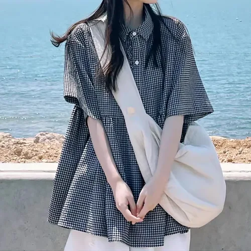 아이캔심플 여성용 레트로 감성 체크 루즈핏 블라우스