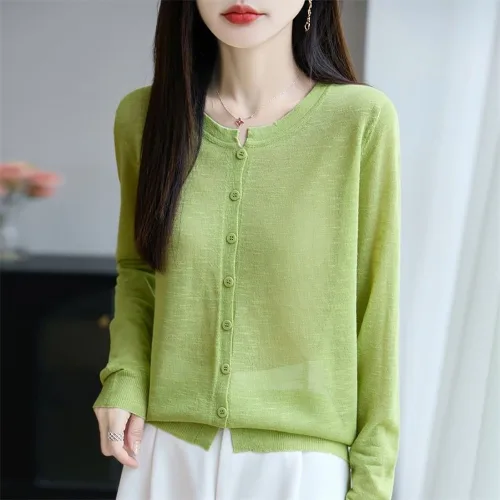 ROYALBELLE 여성 라운드넥 버튼 간편한 데일리 얇은 긴팔 자외선 차단 가디건 U0080901