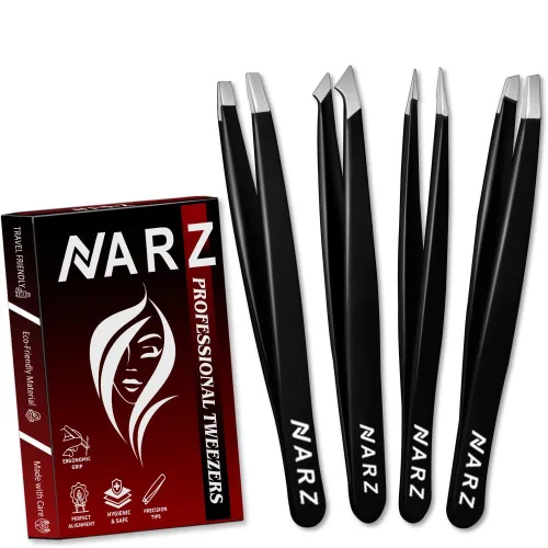 NARZ 4Pcs 여성용 수염용 스테인리스 스틸 정밀 핀셋 남녀용 눈썹 (블랙 세트)