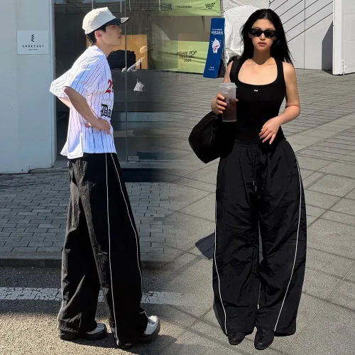 2단기장 남녀공용 바스락 와이드 절개 투라인 스트링 나일론 커브드 밴딩 팬츠 바지 빅사이즈