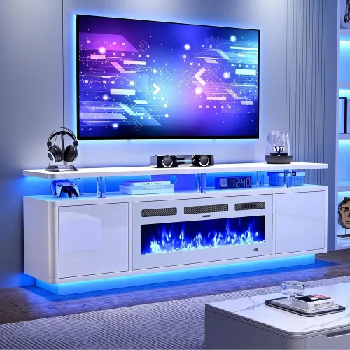 MXV 70인치 거실용 벽난로 TV 스탠드 36인치 전기 벽난로불꽃 조절 가능 및 이중 LED 조명 리모컨 포함 고광택 보드가 있는 수납 캐비닛 최대 80인치 TV까지 장착 화이트