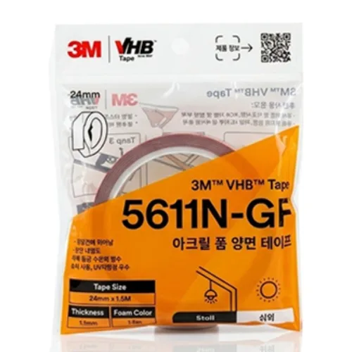 3M VHB 5611N 초강력 아크릴폼 양면테이프 24mm x 1.5m 무타공 욕실선반 차량용 블랙박스 거치, 1개