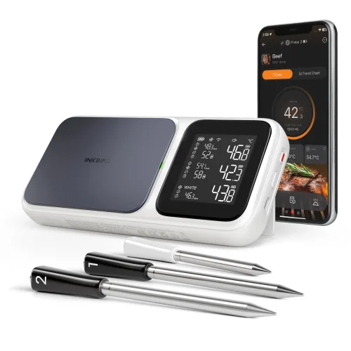 INKBIRD INT-33I-BW 주방온도계 3개의 다기능 센서 프로브를 장착하여 WiFi 5G 및 블루투스 5.4 연결 APP AI 실시간 보정 지원 고온 및 저온 경보기, 1개