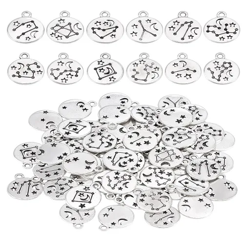 60개 합금 펜던트, 12개 별자리 세공, 납작한 원형, 앤티크 실버, 크기: 17x14x1.5mm, 구멍 크기: 1.8mm, 60개, 은색