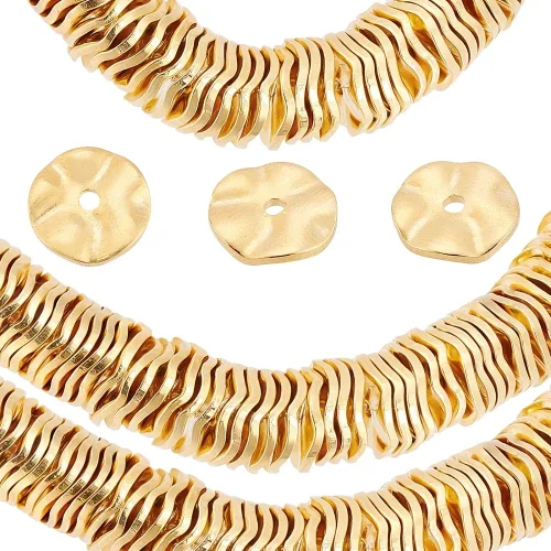 18K 골드 도금 스페이서 비즈 50pcs 플랫 라운드 루즈 비즈 DIY 팔찌 목걸이 귀걸이에 대한 황동 물결 모양의 디스크 비즈 직경 8mm 만들기 공예 만들기