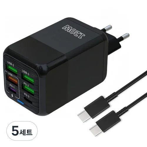6in1 c타입 고속 충전기 120W 4USB+2PD3.0 + C TO C 1M 100w 케이블 세트, 5세트, 블랙