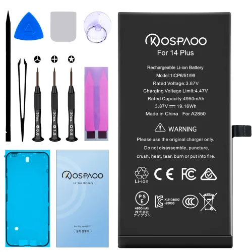 For iPhone 14 Plus 배터리 대용량4950mAh 증가 폭14.5% A2850배터리 교체 동영상 한국어 설명서 KC인증 Li-ion Battery (For Tool), 1개
