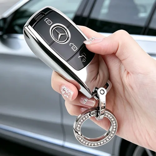 MODACE 벤츠 호환 자동차 스마트키 케이스 TPU Benz 키홀더 + 가죽 메탈 키링, 와 규빅O링, 실버 블랙