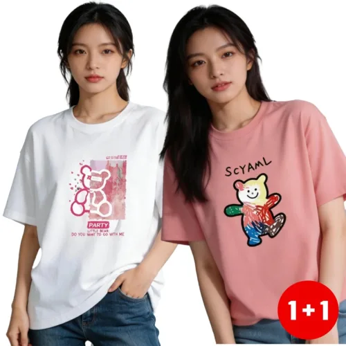 여성 티셔츠 단순 개성 스타 패션 다양 색상 티셔츠 일상적 룩 스타일링 활용 부드러운 면 소재 1+1 2장입