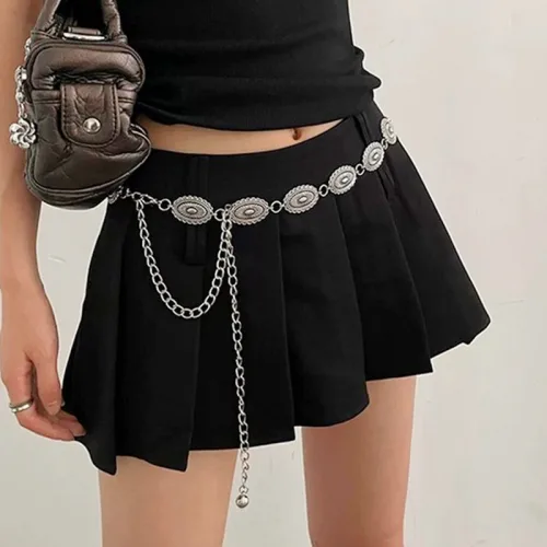 아띠Ahtty 빈티지 엔틱 플라워 레이어드 메탈 체인 벨트 슬림 캐주얼 패션 허리띠