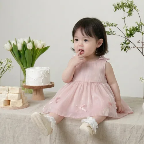 베베니즈 신생아용 쉬폰 리본 민소매 원피스수트