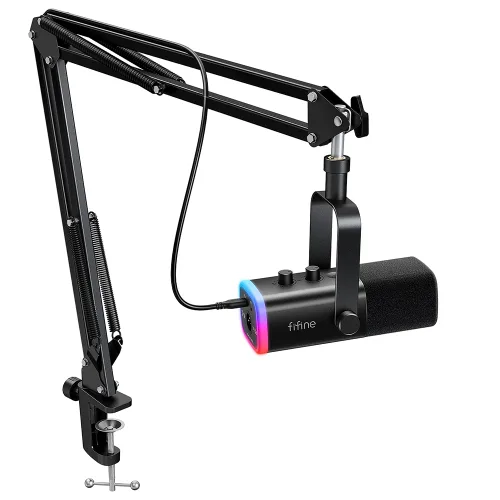 피파인 USB XLR 다이나믹 마이크 세트 게이밍 방송 녹음용 독립 볼륨 노브 원터치 음소거, 검정, AM8T