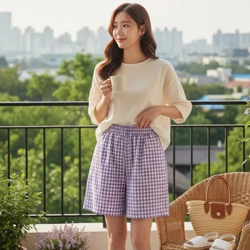 컬러 체크 썸머 밴딩 4부 팬츠 4부바지 체크반바지 파자마팬츠 여름바지