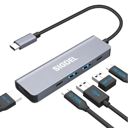 시그델 5in1 USB 3.0 C타입 겸용 멀티 허브 5포트 USB*2 C타입*2 4K HDMI PD100W 젠더 C to USB 노트북 컴퓨터 모니터 확장 포트 UH-07, 1개, 메탈실버