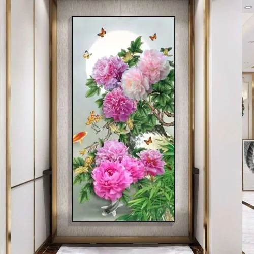 보석십자수 DIY키트 AB+26면비즈 화려한 모란꽃 부귀의 목단꽃 45x70cm, 1개, 그린레드