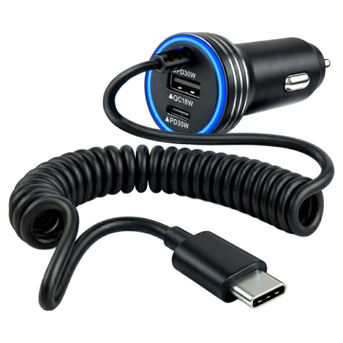 셀리드 차량용 초고속 충전기 3포트 30W+30W+18W 초고속 시거잭 충전기 스프링 케이블 더욱 안전하고 빠르게 충전, 블랙, SJ63