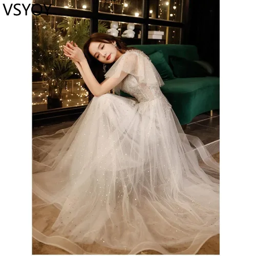 vsyoy 슈퍼 페어리 스타일 보컬 아트 시험 저녁 원피스 여성 졸업 하이 엔드 라이트 럭셔리 틈새 연회 호스트 원피스