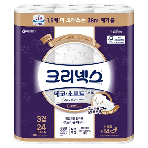 크리넥스 데코 앤 소프트 화이트 천연펄프 3겹 고급롤화장지
