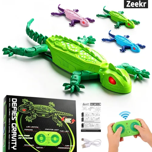 Zeekr 벽타는 RC 도마뱀 장난감 무선 리모컨 전동 게코, 벽 천장 바닥 주행 LED 조명 전동 완구, 1개, 초록색