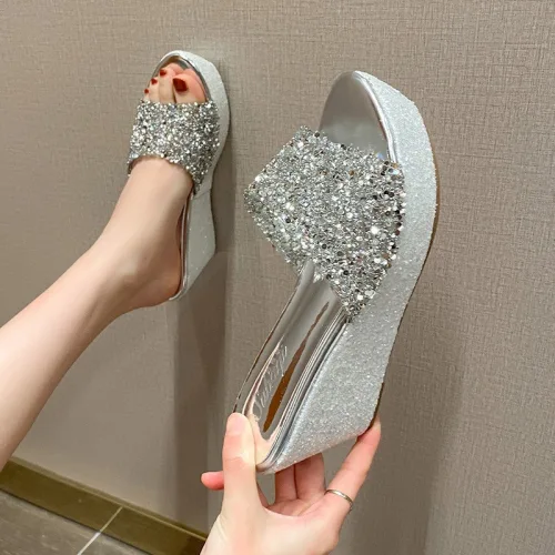 웨지힐 8cm 통굽 슬리퍼 여성 큐빅 오픈토 샌들