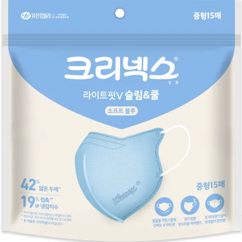 크리넥스 라이트핏V 슬림 앤 쿨 마스크 중형, 15개입, 1개, 소프트블루