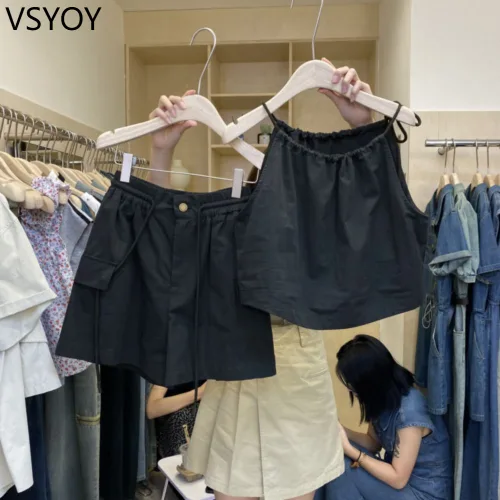 vsyoy 여름 새로운 스타일 스파이스 소녀 스타일 레이스 업 패션 카미솔 탑 패치 포켓 와이드 다리 반바지 여성용 2 피스 세트