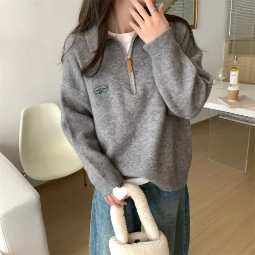 여성용 반지퍼 지퍼 하이넥 니트알파벳 자수 포인트 루즈핏 가을겨울 데일리 스웨터