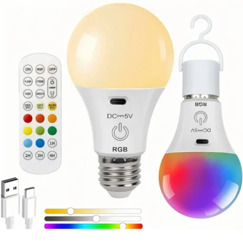 E27 충전식 RGB 전구 리모컨 색상조절 타이머 무드등 캠핑 비상조명, 1개, RGB