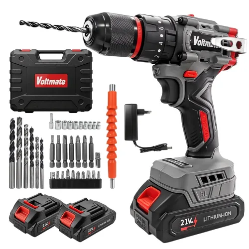 VoltMate 멀티 유즈 무선 전동 드릴/임팩트 드릴 21V BLDC 브러시리스 모터 45N/m 강력 토크 20단 토크 조절 3가지 기능/2단 속도 조절 해머 기능/허리 걸이, 1세트