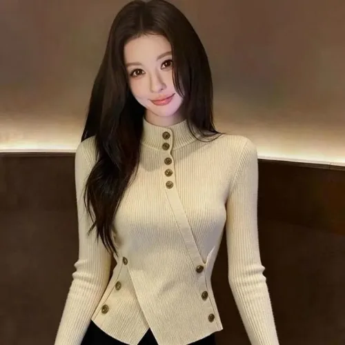 COSYEVNO 여성 니트 슬림핏 언밸런스 빈티지 캐주얼 겨울 목폴라 상의