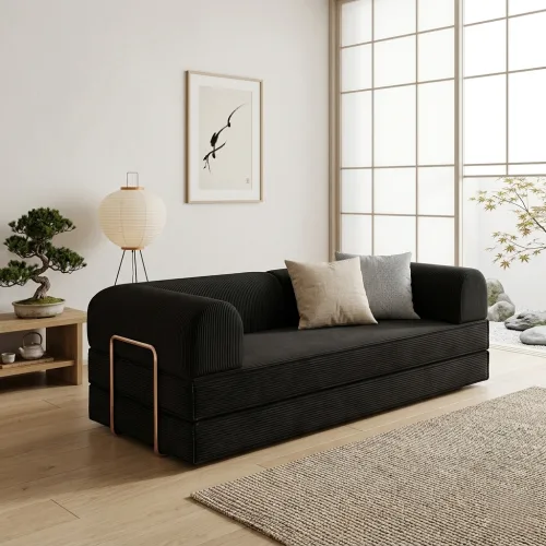 압축 소파 2인용 소파베드 접이식 콤팩트 패브릭 코듀로이 180cm, Black 180cm