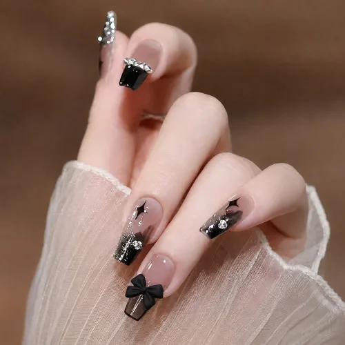 유니스뮬라 블랙 리본 네일팁 24PCS 시크 그라데이션 글리터 붙이는 네일팁 U252