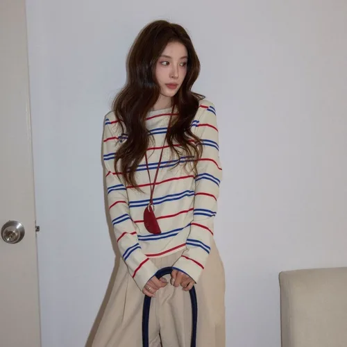 COSYEVNO 여성 스트라이프 라운드넥 긴팔 니트 티셔츠 봄 가을 TZKtwtx-9