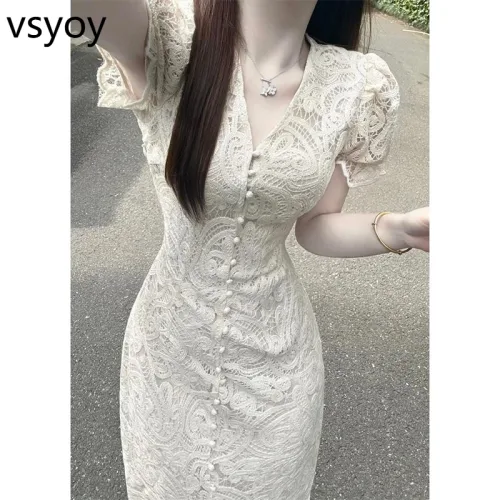 VSYOY 우아한 반팔 원피스 여름 새로운 고급 레이스 프랑스 스타일 슬리밍 스커트 긴 스커트